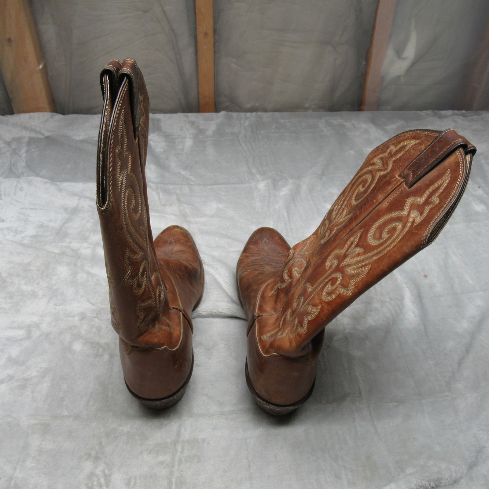 Justin Boots Men Boot 10d Brn Leather Cowboy Embroidered Buck Bay Riding Usa Vtg